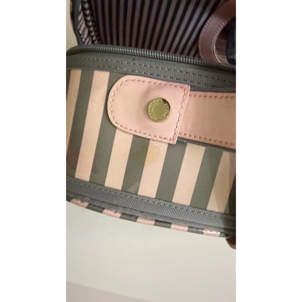 Victoria's Secret Pink Gray Striped Train Case Makeup Travel Bag Cosmetic Set
